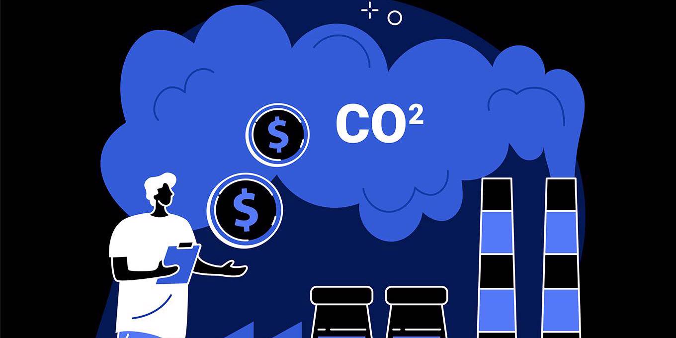 Illustrated visual of smoke coming out of chimneys representing C02 and a man with a clip board with dollar symbols floating around